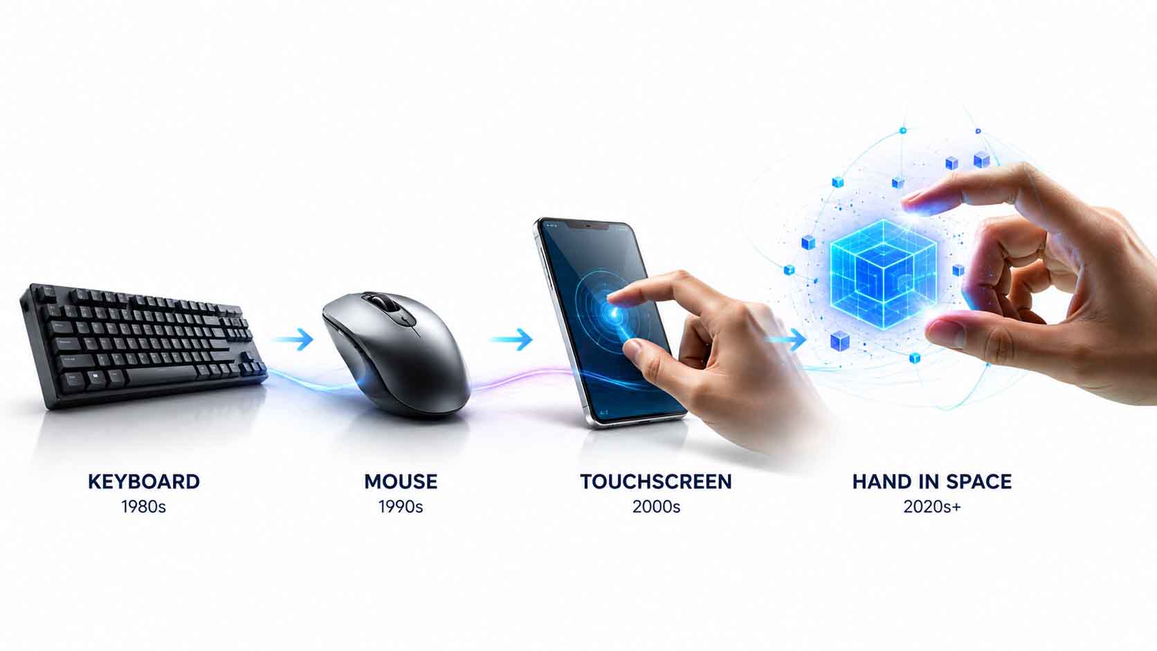 Zeitleisten-Grafik: von links nach rechts eine Tastatur, dann eine Computermaus, dann ein Smartphone mit Touchscreen und einer Pinch-to-zoom-Geste, ganz rechts eine bloße Hand, die frei im Raum ein 3D-Objekt formt, ohne jedes Zwischengerät