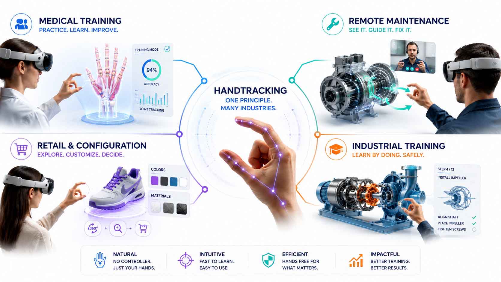 Vierteilige Infografik um ein zentrales Handtracking-Symbol angeordnet: oben links eine medizinische Trainingssituation mit virtuellem Handmodell, oben rechts ein Techniker in der Fernwartung, der ein virtuelles Bauteil dreht, unten links eine Einzelhandelssituation mit virtueller Produktkonfiguration, unten rechts eine Schulungssituation mit räumlicher Anleitung