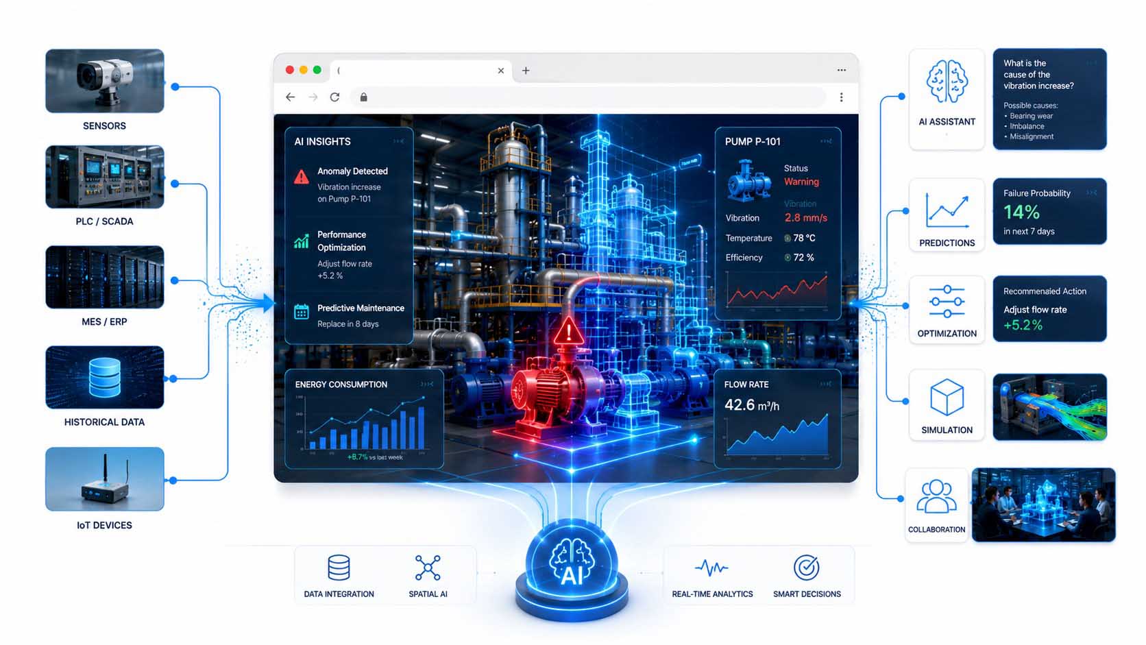 Künstliche Intelligenz analysiert einen Digitalen Zwilling und unterstützt Wartung, Simulation und Optimierung