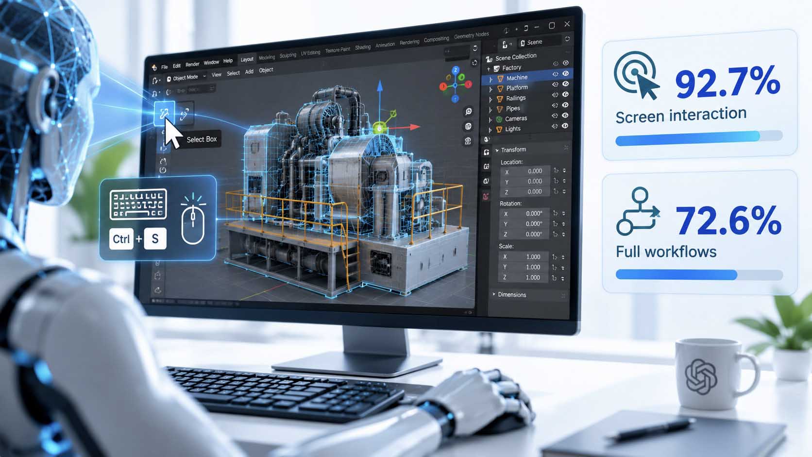 Diagramm, das ein KI-Modell zeigt, das über eine visuelle Bildschirmwahrnehmung verbunden ist mit einem Cursor- und Tastatursymbol, das direkt in einem Blender-Fenster agiert, daneben zwei Balken mit den Benchmark-Werten 92,7 Prozent für ScreenSpot-Pro und 72,6 Prozent für OSWorld 2.0
