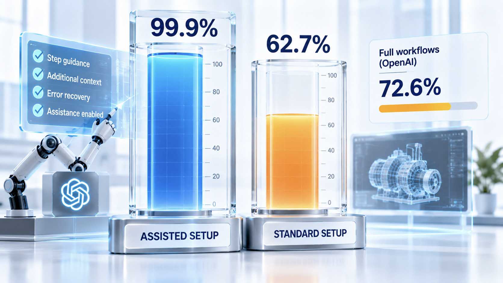 Balkendiagramm mit zwei gegenübergestellten Werten für denselben Reasoning-Benchmark, ein hoher Balken bei 99,9 Prozent unter der Beschriftung OpenAI-eigenes Test-Setup, ein deutlich niedrigerer Balken bei 62,7 Prozent unter der Beschriftung neutrales Standard-Verfahren