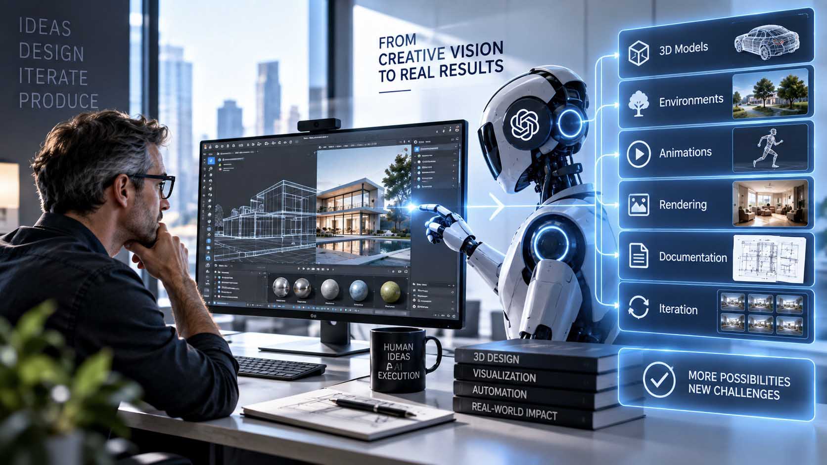 Ein Mensch sitzt an einem Schreibtisch vor einem Monitor, der ein 3D-Gebäudemodell zeigt, halb als Drahtgittermodell, halb als fertig gerendertes Bild, daneben ein humanoider Roboter mit KI-Symbol, der auf den Bildschirm zeigt, rechts eine Liste mit sechs Produktionsschritten, 3D-Modelle, Umgebungen, Animationen, Rendering, Dokumentation, Iteration, darunter der Hinweis mehr Möglichkeiten, neue Herausforderungen, auf dem Schreibtisch eine Tasse mit der Aufschrift menschliche Ideen plus KI-Ausführung sowie Bücher mit den Titeln 3D-Design, Visualisierung, Automatisierung, Auswirkung auf die reale Welt